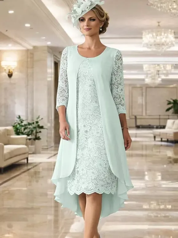 Robe de mère col rond manches 3/4 coupe trapèze dentelle robe d'invitée pour mariage