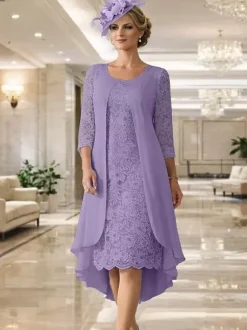 Robe de mère col rond manches 3/4 coupe trapèze dentelle robe d'invitée pour mariage