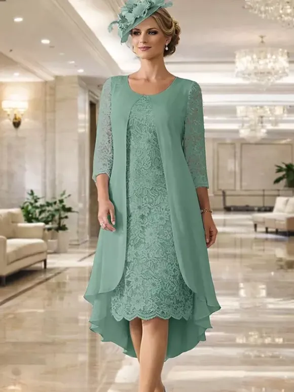 Robe de mère col rond manches 3/4 coupe trapèze dentelle robe d'invitée pour mariage