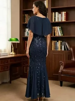 Robe de mère col rond manches courtes robe de bal en dentelle robe d'invitée de mariage