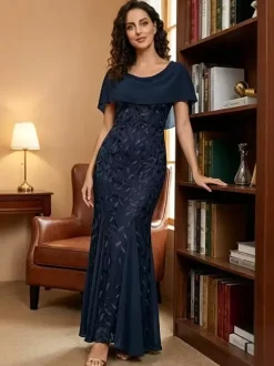 Robe de mère col rond manches courtes robe de bal en dentelle robe d'invitée de mariage