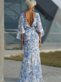 Robe de mère de la mariée col bijou manches 3/4 robe de bal plissée avec traîne robe d'invitée de mariage