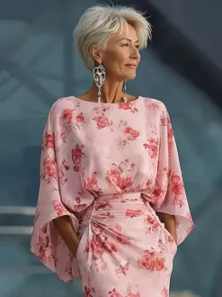 Robe de mère de la mariée col bijou manches 3/4 robe de bal plissée robe d'invitée de mariage