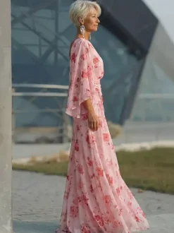 Robe de mère de la mariée col bijou manches 3/4 robe de bal plissée robe d'invitée de mariage