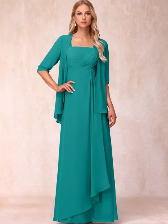 Robe de mère de la mariée col carré manches mi-longues deux pièces plissées robe d'invitée pour mariage