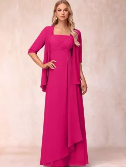 Robe de mère de la mariée col carré manches mi-longues deux pièces plissées robe d'invitée pour mariage