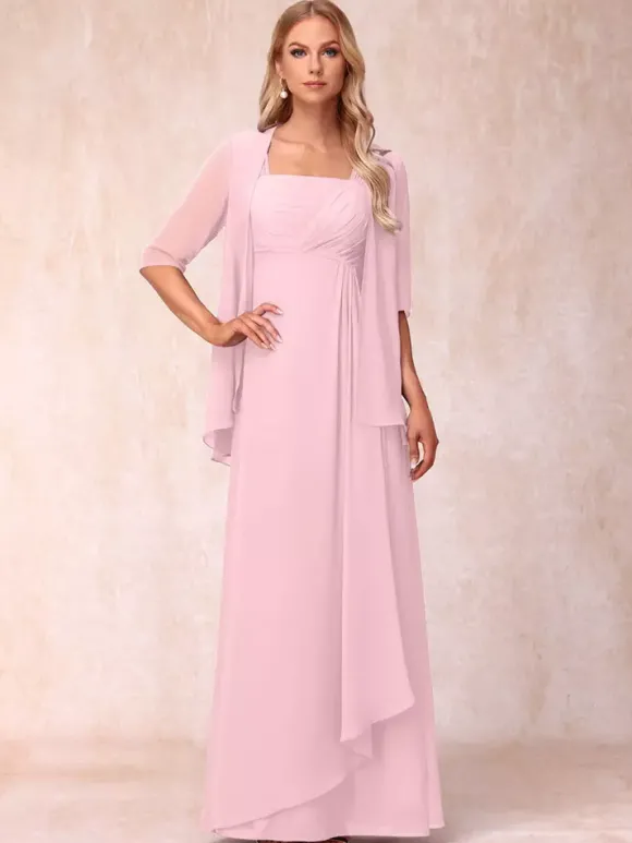 Robe de mère de la mariée col carré manches mi-longues deux pièces plissées robe d'invitée pour mariage