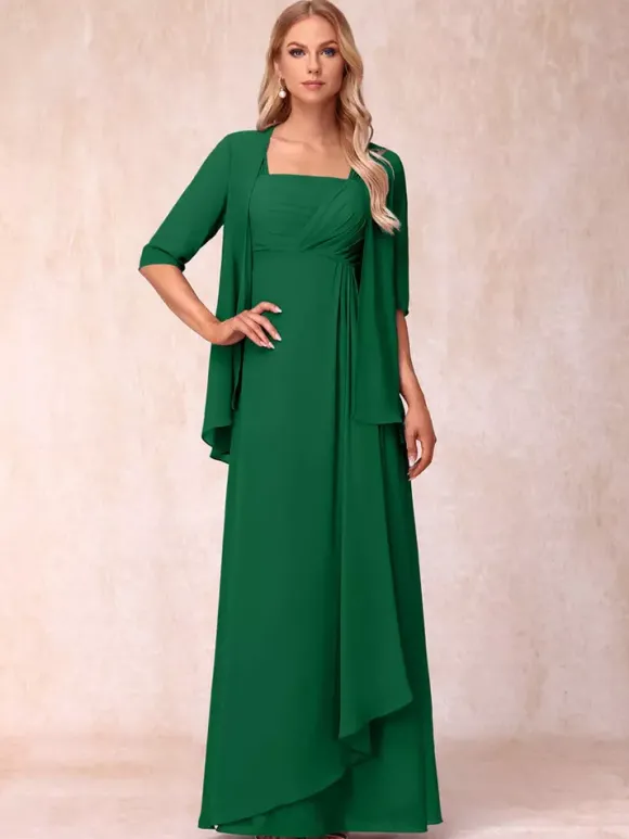 Robe de mère de la mariée col carré manches mi-longues deux pièces plissées robe d'invitée pour mariage