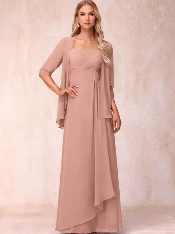 Robe de mère de la mariée col carré manches mi-longues deux pièces plissées robe d'invitée pour mariage