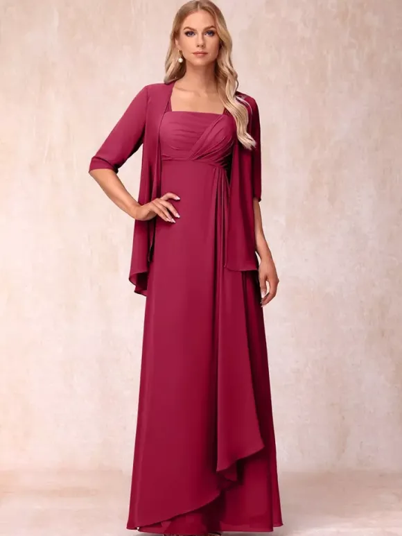Robe de mère de la mariée col carré manches mi-longues deux pièces plissées robe d'invitée pour mariage