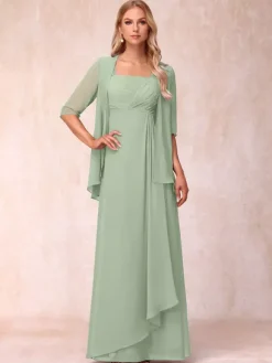 Robe de mère de la mariée col carré manches mi-longues deux pièces plissées robe d'invitée pour mariage