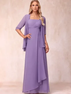 Robe de mère de la mariée col carré manches mi-longues deux pièces plissées robe d'invitée pour mariage