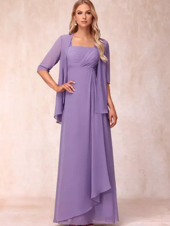 Robe de mère de la mariée col carré manches mi-longues deux pièces plissées robe d'invitée pour mariage