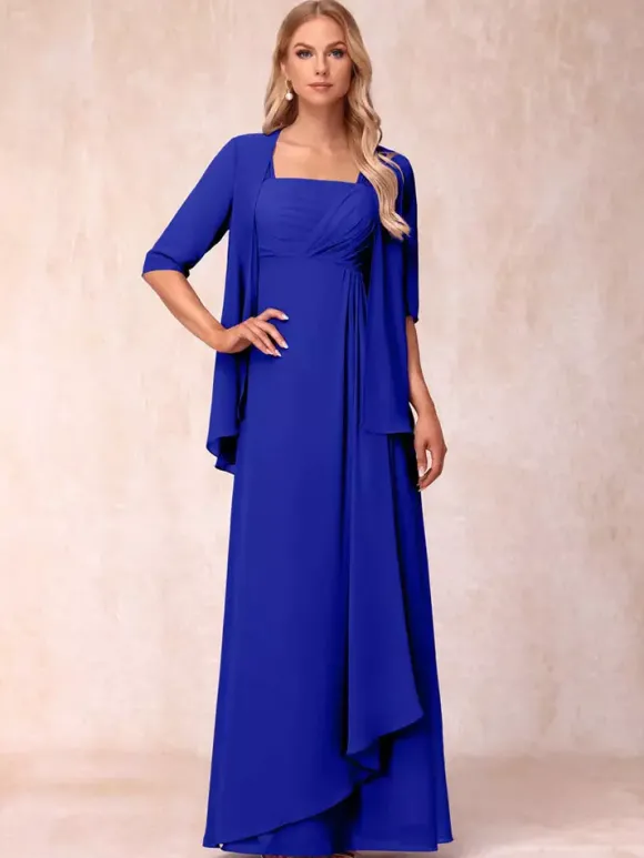 Robe de mère de la mariée col carré manches mi-longues deux pièces plissées robe d'invitée pour mariage