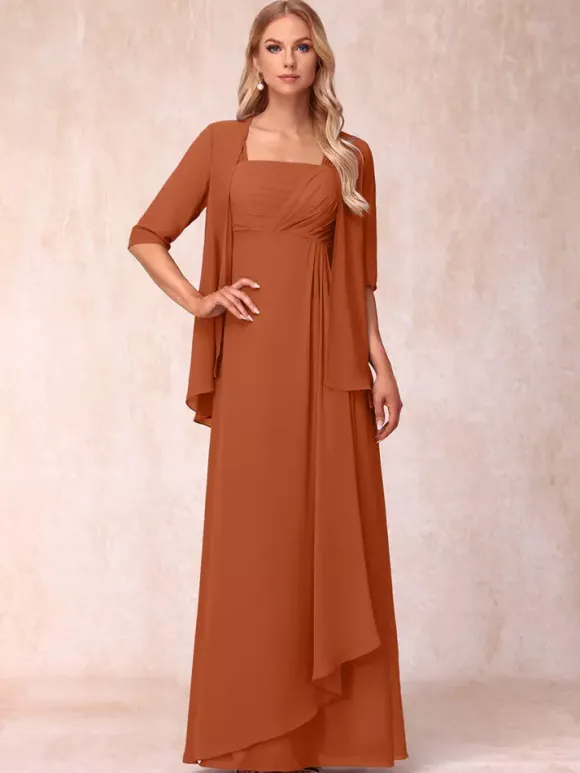 Robe de mère de la mariée col carré manches mi-longues deux pièces plissées robe d'invitée pour mariage