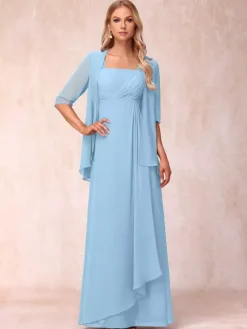 Robe de mère de la mariée col carré manches mi-longues deux pièces plissées robe d'invitée pour mariage