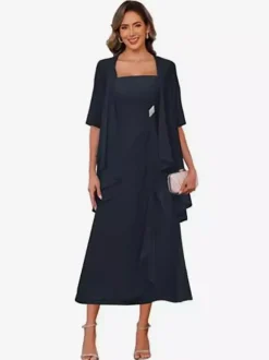 Robe de mère de la mariée col carré manches mi-longues deux pièces plissées robe d'invitée pour mariage