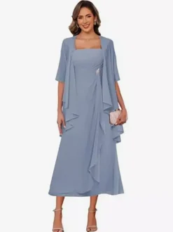 Robe de mère de la mariée col carré manches mi-longues deux pièces plissées robe d'invitée pour mariage