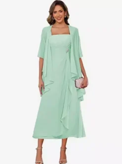 Robe de mère de la mariée col carré manches mi-longues deux pièces plissées robe d'invitée pour mariage