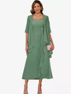 Robe de mère de la mariée col carré manches mi-longues deux pièces plissées robe d'invitée pour mariage