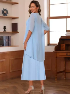 Robe de mère de la mariée col carré manches mi-longues deux pièces plissées robe d'invitée pour mariage