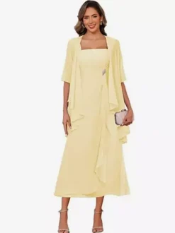 Robe de mère de la mariée col carré manches mi-longues deux pièces plissées robe d'invitée pour mariage