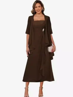 Robe de mère de la mariée col carré manches mi-longues deux pièces plissées robe d'invitée pour mariage