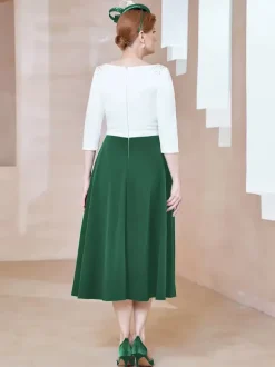 Robe de mère de la mariée à col en V et manches courtes longueur thé perles robes d'invitées pour mariage
