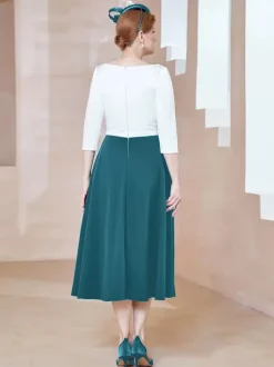 Robe de mère de la mariée à col en V et manches courtes longueur thé perles robes d'invitées pour mariage