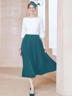 Robe de mère de la mariée à col en V et manches courtes longueur thé perles robes d'invitées pour mariage