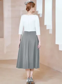 Robe de mère de la mariée à col en V et manches courtes longueur thé perles robes d'invitées pour mariage