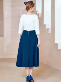 Robe de mère de la mariée à col en V et manches courtes longueur thé perles robes d'invitées pour mariage