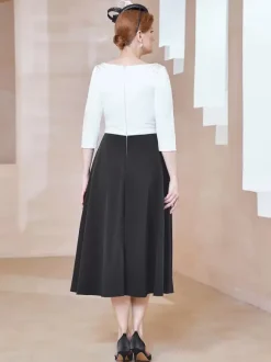 Robe de mère de la mariée à col en V et manches courtes longueur thé perles robes d'invitées pour mariage