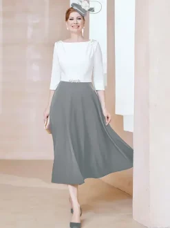 Robe de mère de la mariée à col en V et manches courtes longueur thé perles robes d'invitées pour mariage