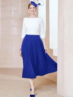 Robe de mère de la mariée à col en V et manches courtes longueur thé perles robes d'invitées pour mariage