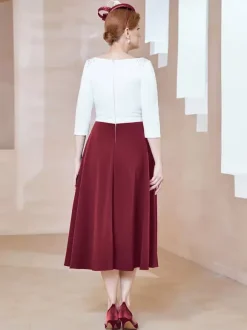 Robe de mère de la mariée à col en V et manches courtes longueur thé perles robes d'invitées pour mariage