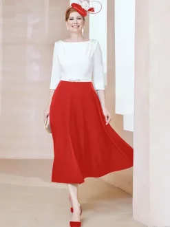 Robe de mère de la mariée à col en V et manches courtes longueur thé perles robes d'invitées pour mariage