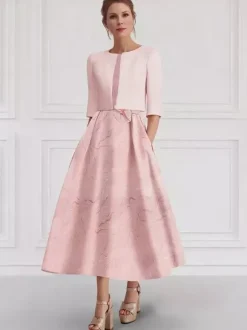 Robe de mère de la mariée col rond manches 3/4 deux pièces fleurs robe d'invitée de mariage