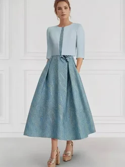 Robe de mère de la mariée col rond manches 3/4 deux pièces fleurs robe d'invitée de mariage