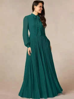 Robe de mère de la mariée décolleté travaillé manches longues coupe trapèze n艙uds robe d'invitée longue pour un mariage