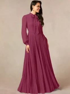 Robe de mère de la mariée décolleté travaillé manches longues coupe trapèze n艙uds robe d'invitée longue pour un mariage
