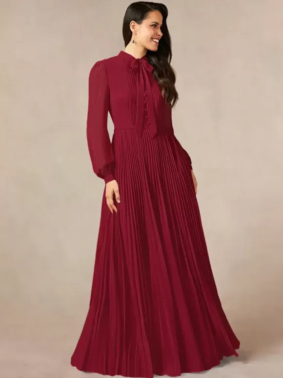 Robe de mère de la mariée décolleté travaillé manches longues coupe trapèze n艙uds robe d'invitée longue pour un mariage