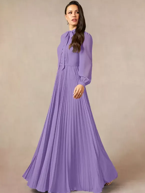 Robe de mère de la mariée décolleté travaillé manches longues coupe trapèze n艙uds robe d'invitée longue pour un mariage