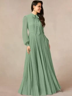 Robe de mère de la mariée décolleté travaillé manches longues coupe trapèze n艙uds robe d'invitée longue pour un mariage