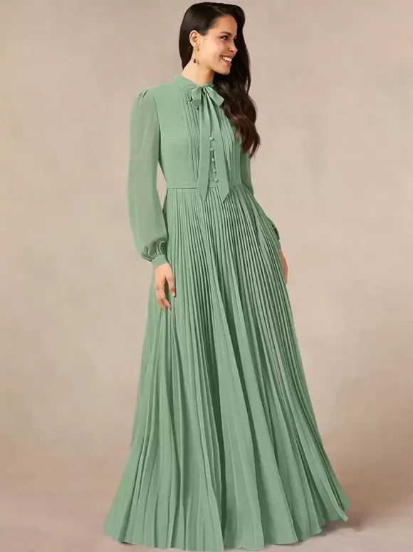 Robe de mère de la mariée décolleté travaillé manches longues coupe trapèze n艙uds robe d'invitée longue pour un mariage