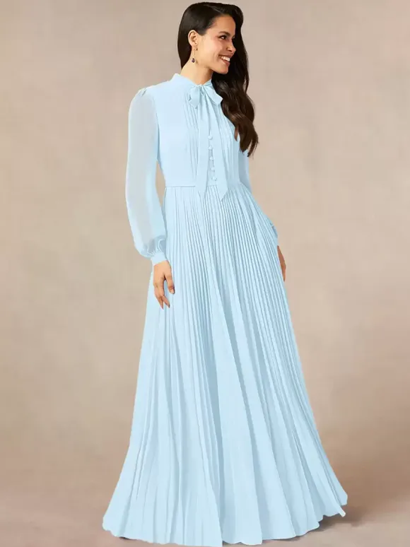 Robe de mère de la mariée décolleté travaillé manches longues coupe trapèze n艙uds robe d'invitée longue pour un mariage