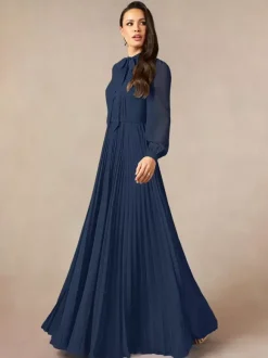 Robe de mère de la mariée décolleté travaillé manches longues coupe trapèze n艙uds robe d'invitée longue pour un mariage