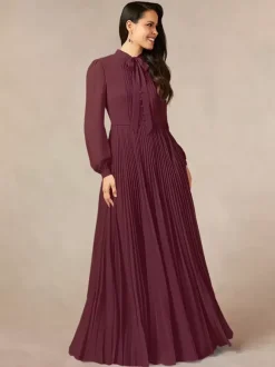 Robe de mère de la mariée décolleté travaillé manches longues coupe trapèze n艙uds robe d'invitée longue pour un mariage