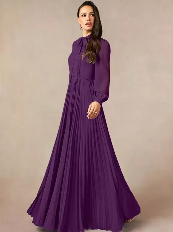 Robe de mère de la mariée décolleté travaillé manches longues coupe trapèze n艙uds robe d'invitée longue pour un mariage