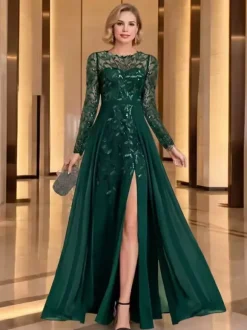 Robe de mère de la mariée robe de soirée col rond manches longues coupe trapèze sequins robe d'invitée de mariage